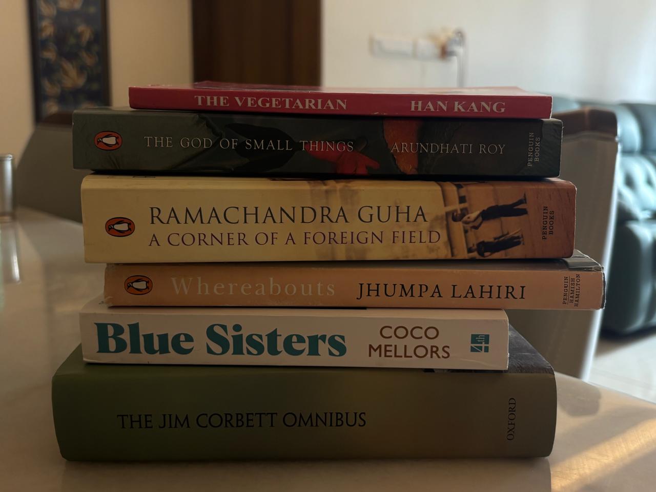 A stack of books Vinita is currently reading